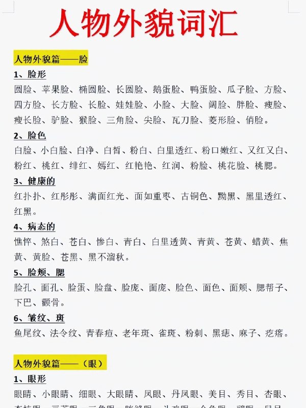 人物外貌描写词汇