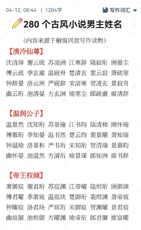 小说男名