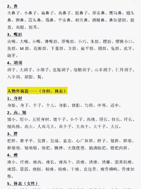 人物外貌描写词汇